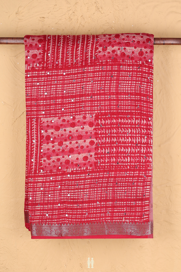 Chanderi Silk Cotton Saree In Red With Mirror Work Buttis