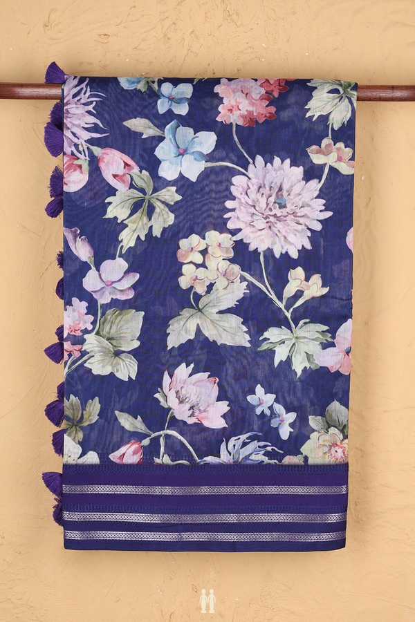 Chanderi Silk Cotton Saree In Royal Blue With Floral Design