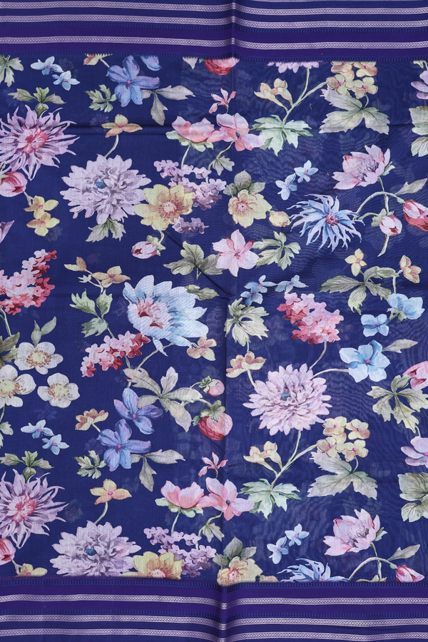 Chanderi Silk Cotton Saree In Royal Blue With Floral Design