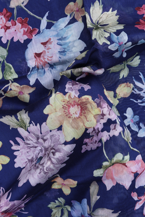 Chanderi Silk Cotton Saree In Royal Blue With Floral Design