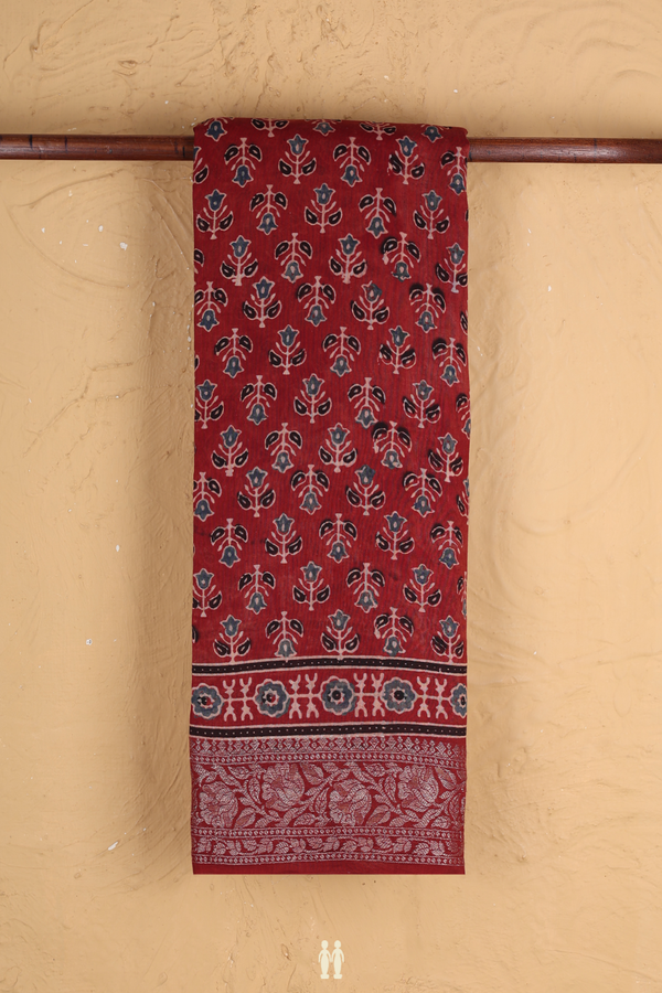 Chanderi Silk Cotton Saree In Rust Red With Floral Design