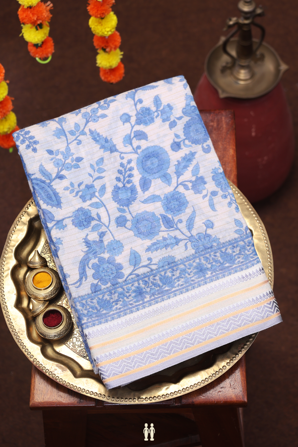 Chanderi Silk Cotton Saree In White With Floral Design