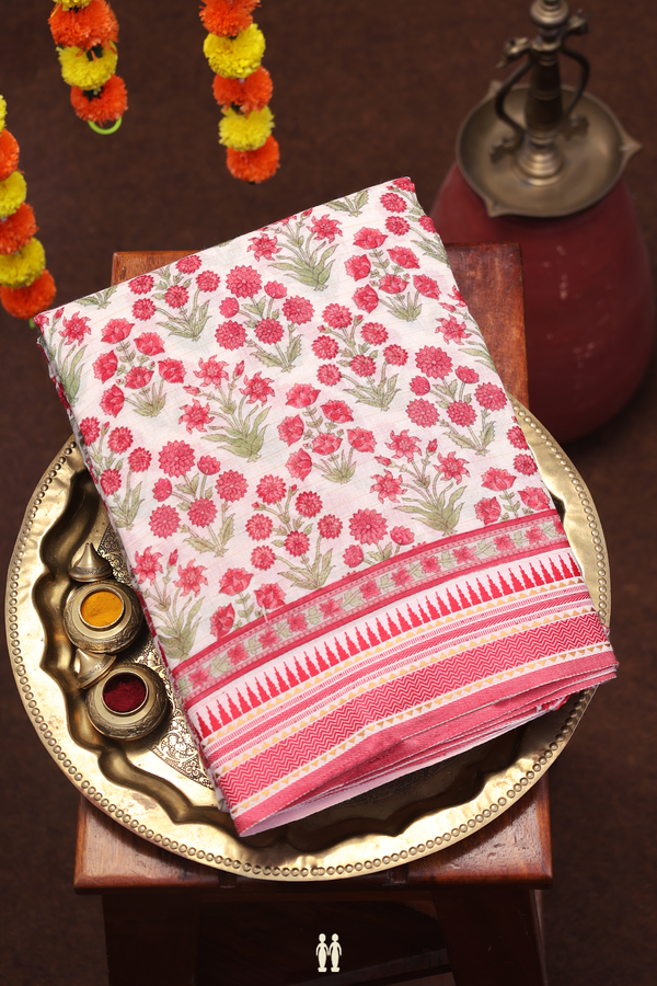 Chanderi Silk Cotton Saree In White With Floral Design