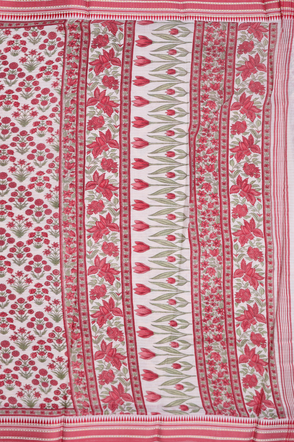 Chanderi Silk Cotton Saree In White With Floral Design