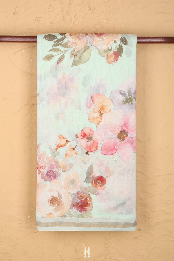 Chanderi Silk Cotton Saree Pastel Green With Floral Design
