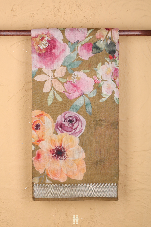 Chanderi Silk Cotton Saree Peanut Brown With Floral Design