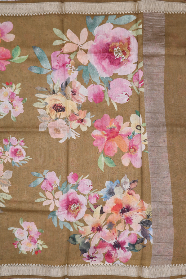 Chanderi Silk Cotton Saree Peanut Brown With Floral Design