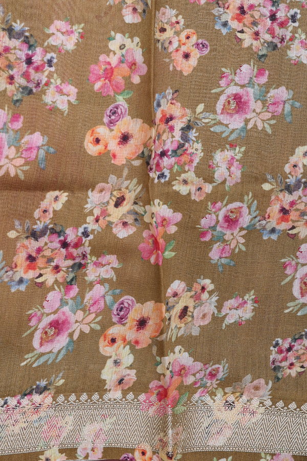 Chanderi Silk Cotton Saree Peanut Brown With Floral Design