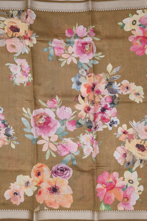 Chanderi Silk Cotton Saree Peanut Brown With Floral Design