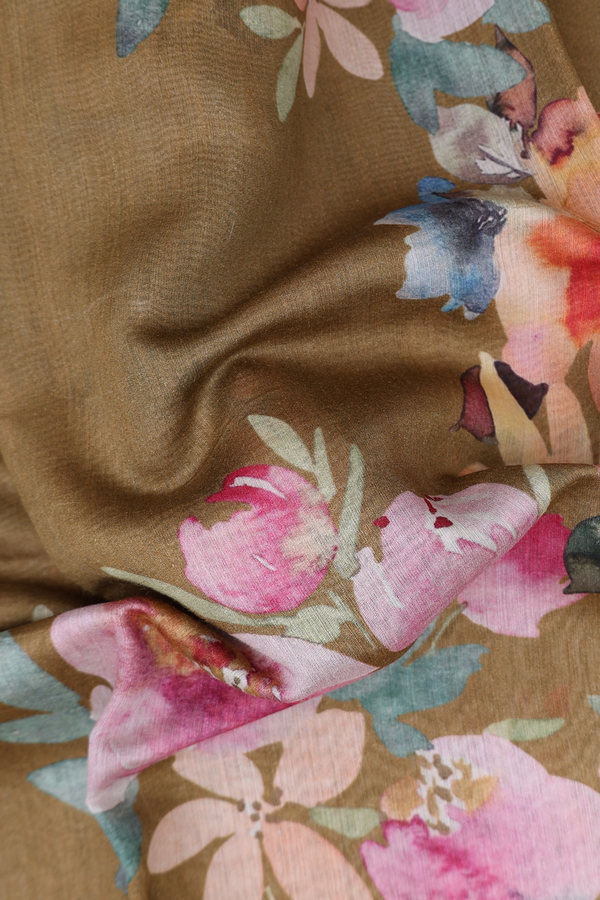 Chanderi Silk Cotton Saree Peanut Brown With Floral Design