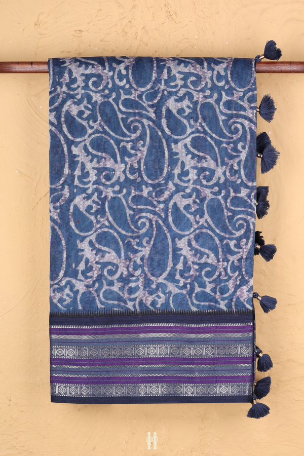 Chanderi Silk Cotton Saree Prussian Blue With Printed Design