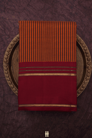 Checked Design Black And Orange Kanchipuram Silk Saree