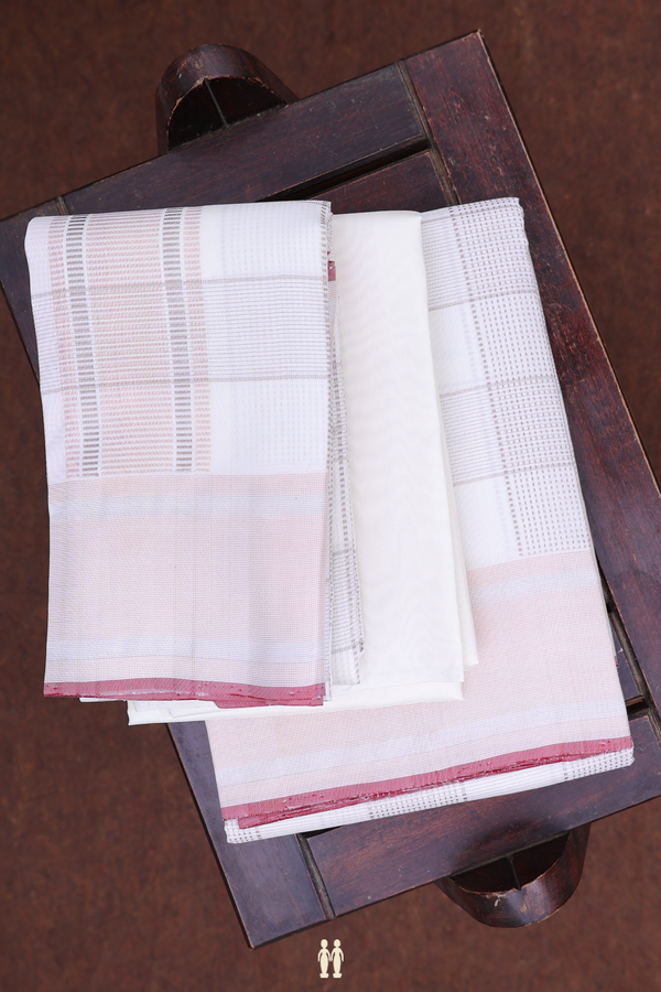 Checks Design White Silk Dhoti With Shirt Material