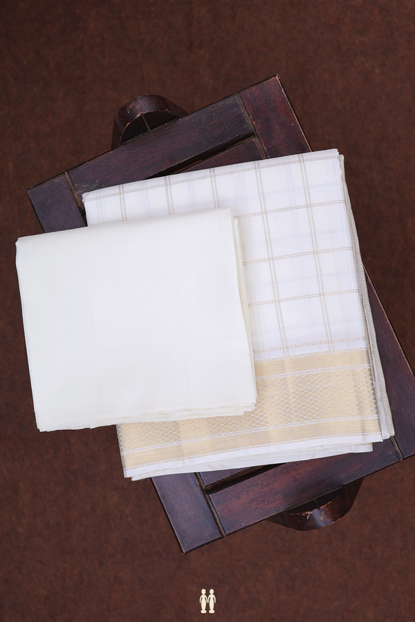 Checks Design White Silk Dhoti With Shirt Material