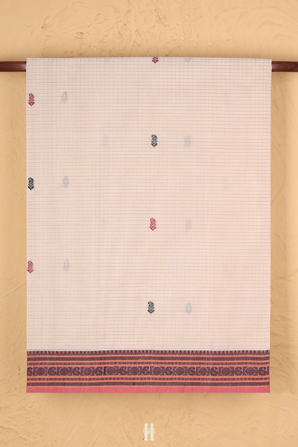 Coimbatore Cotton Saree In Ivory Along Checks With Buttas