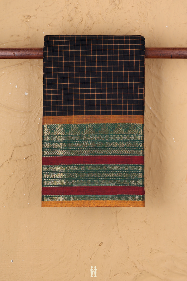 Chettinadu Cotton Saree In Black With Checks Design