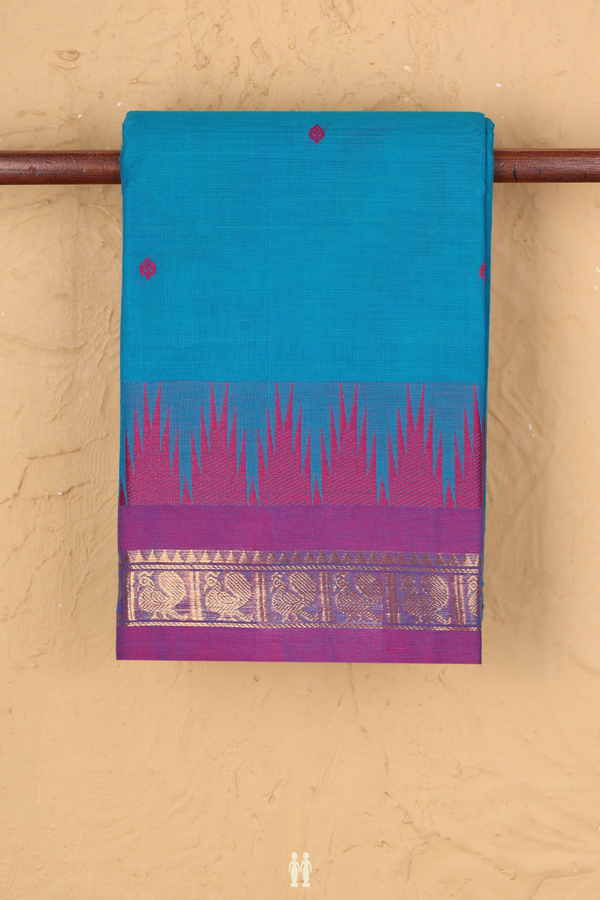 Chettinadu Cotton Saree In Blue With Threadwork Buttas