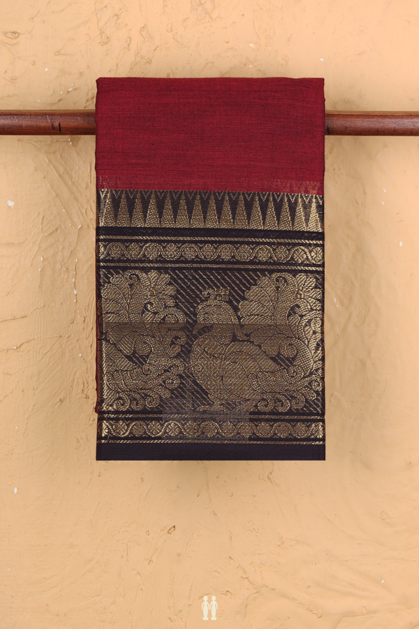 Chettinadu Cotton Saree In Burgundy Red With Peacock Border