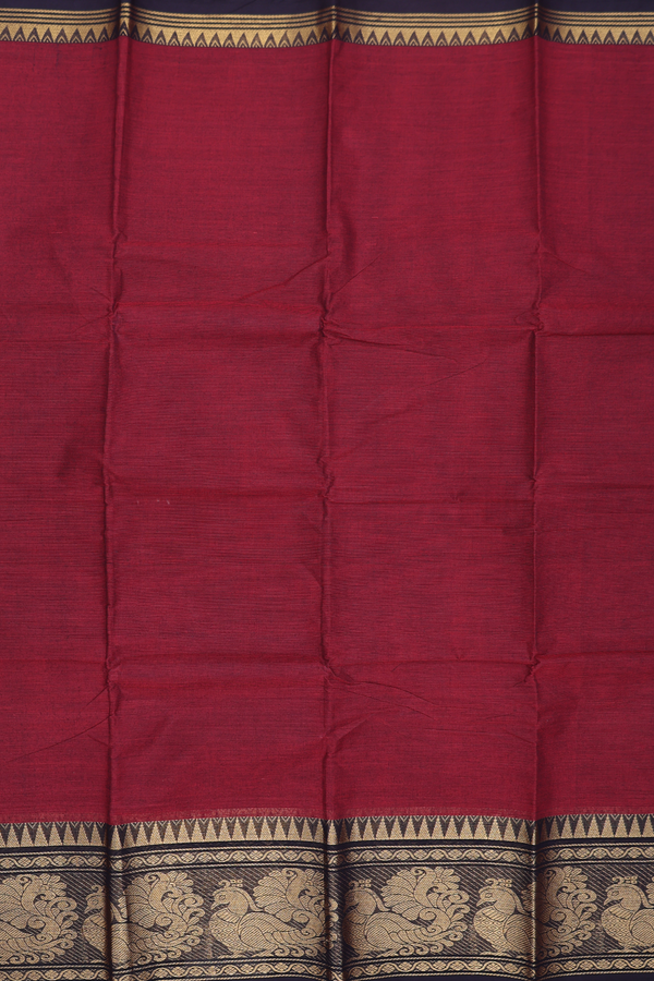 Chettinadu Cotton Saree In Burgundy Red With Peacock Border