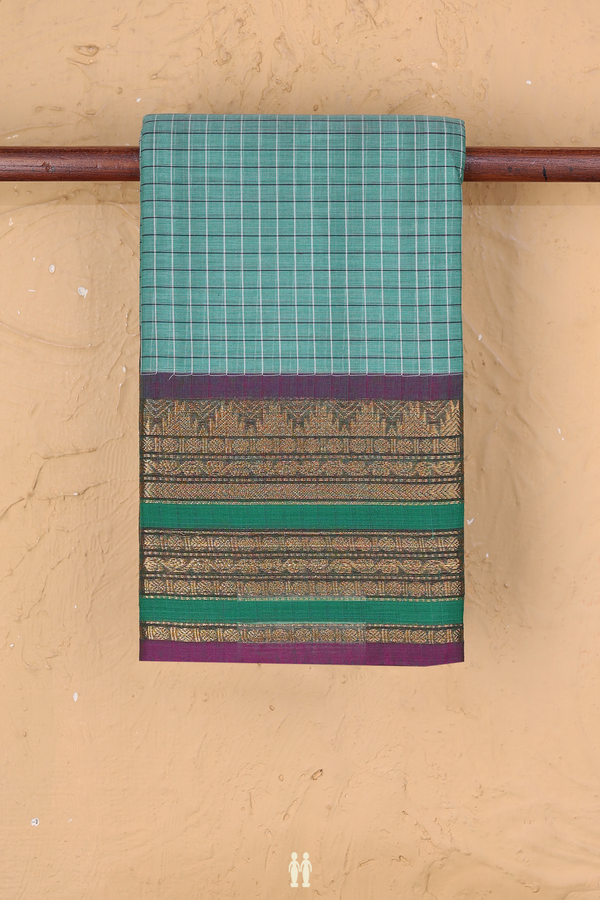 Chettinadu Cotton Saree In Dusty Green With Checks Design