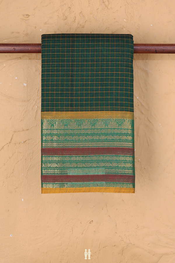 Chettinadu Cotton Saree In Forest Green With Checks Design