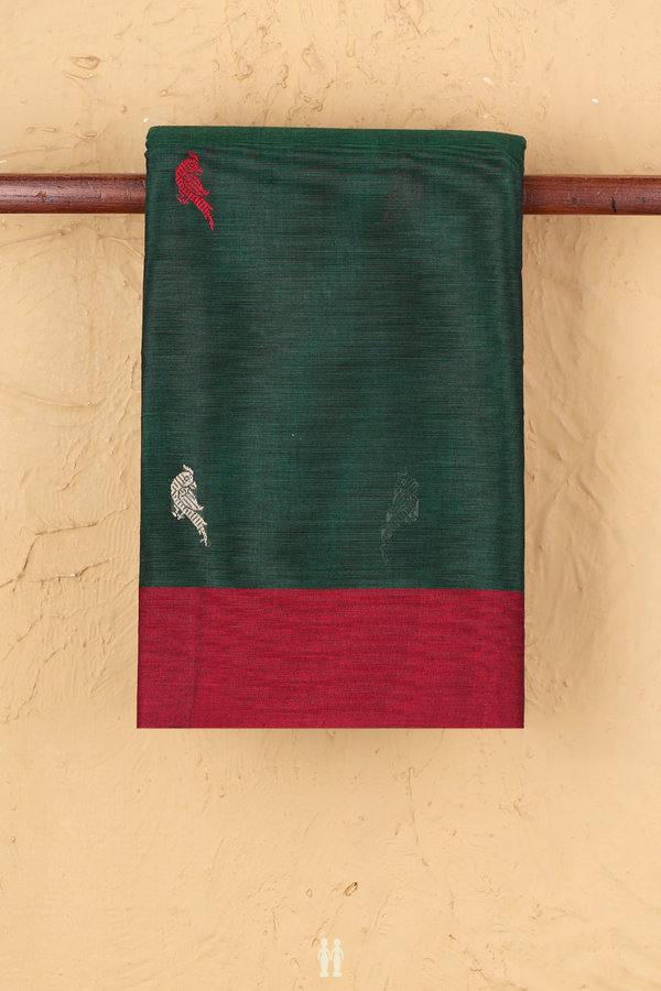 Chettinadu Cotton Saree In Forest Green With Parrot Buttas