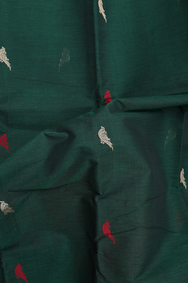 Chettinadu Cotton Saree In Forest Green With Parrot Buttas
