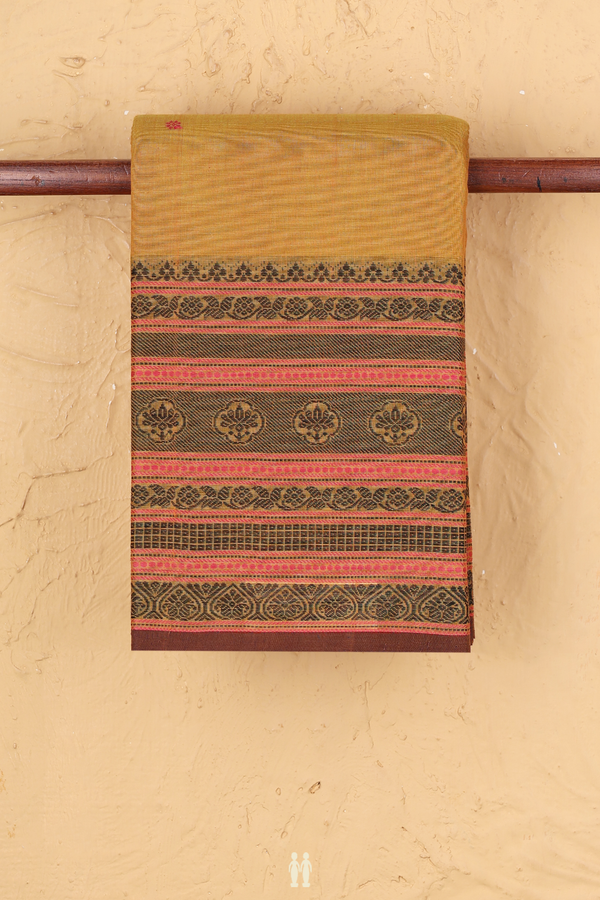 Chettinadu Cotton Saree In Golden Yellow With Floral Buttas