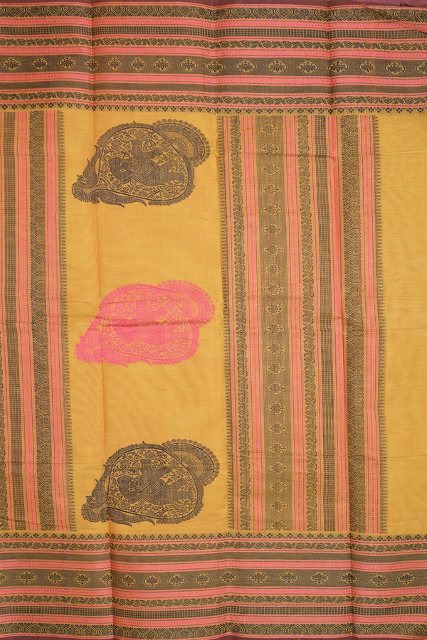 Chettinadu Cotton Saree In Golden Yellow With Floral Buttas