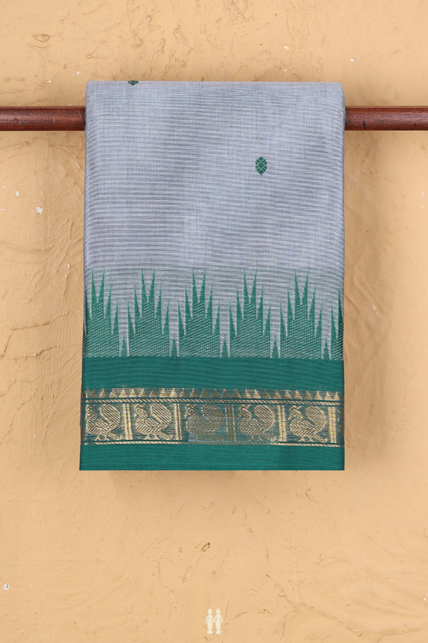 Chettinadu Cotton Saree In Grey With Threadwork Buttas