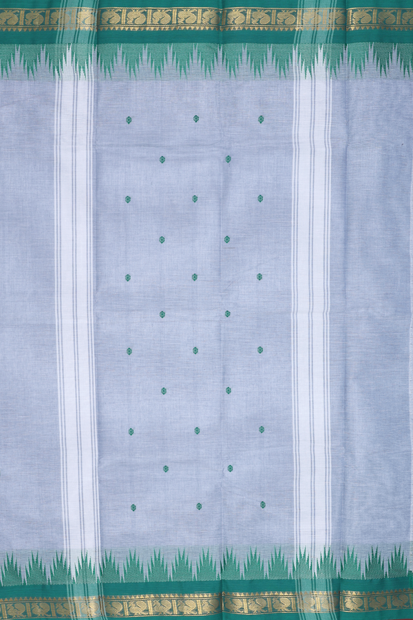 Chettinadu Cotton Saree In Grey With Threadwork Buttas