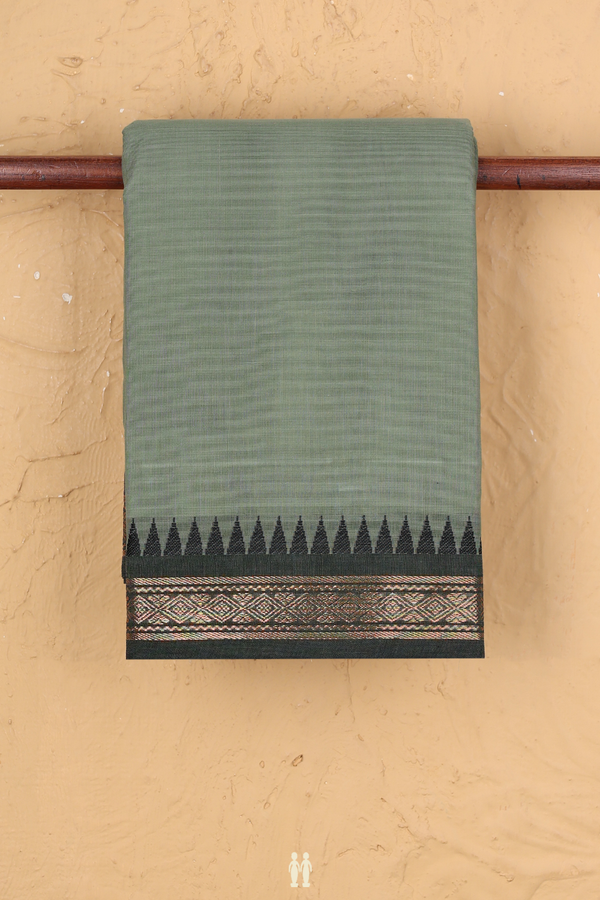 Chettinadu Cotton Saree In Sage Green With Contrast Border