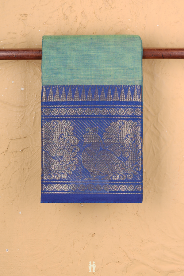 Chettinadu Cotton Saree In Stone Green With Peacock Border