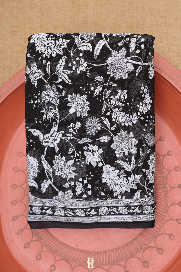 Chiffon Saree In Black With Floral Printed Design
