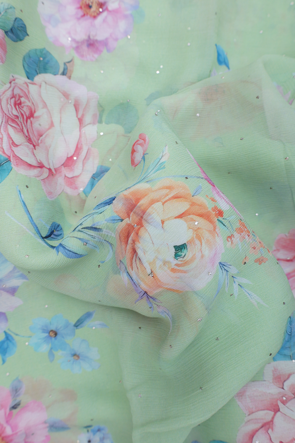 Chiffon Saree In Dusty Green With Floral Design