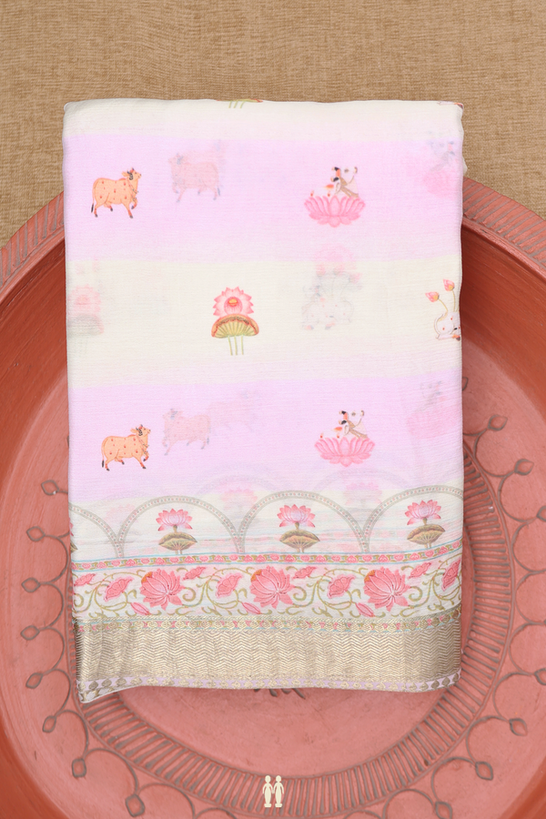 Chiffon Saree In Green And Pink With Printed Design