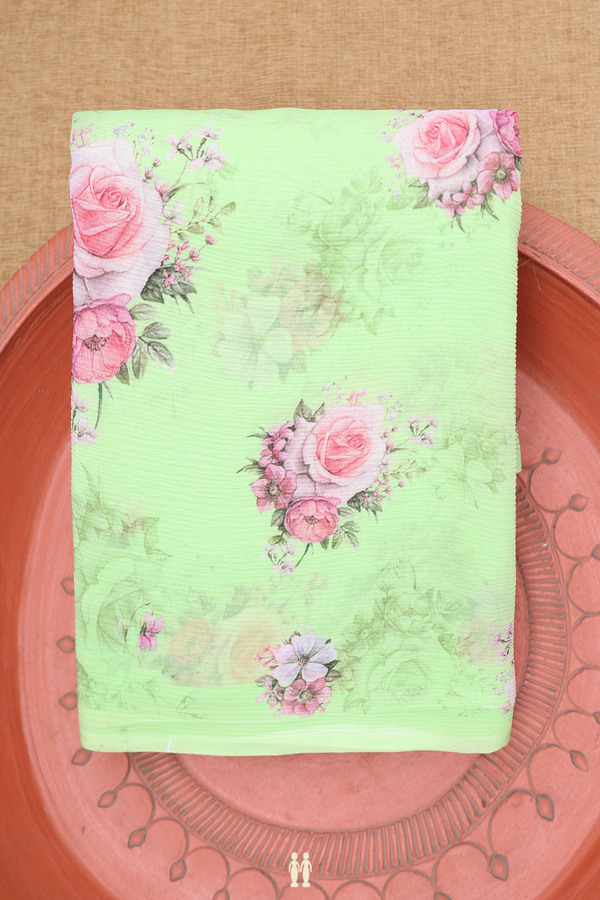 Chiffon Saree In Green With Floral Printed Design
