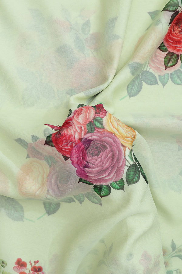 Chiffon Saree In Green With Floral Printed Design
