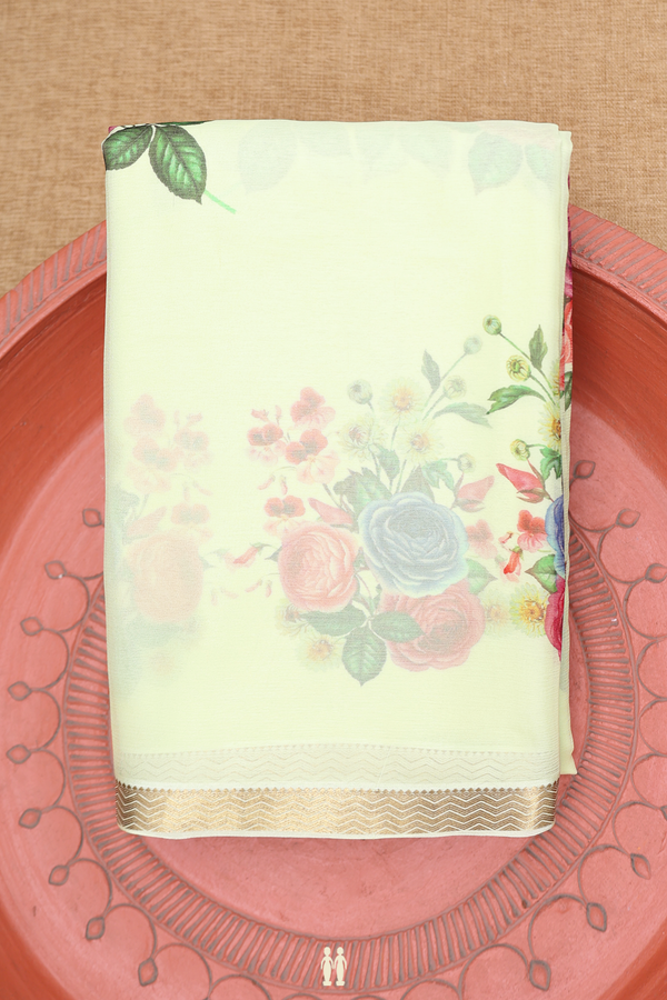 Chiffon Saree In Green With Floral Printed Design