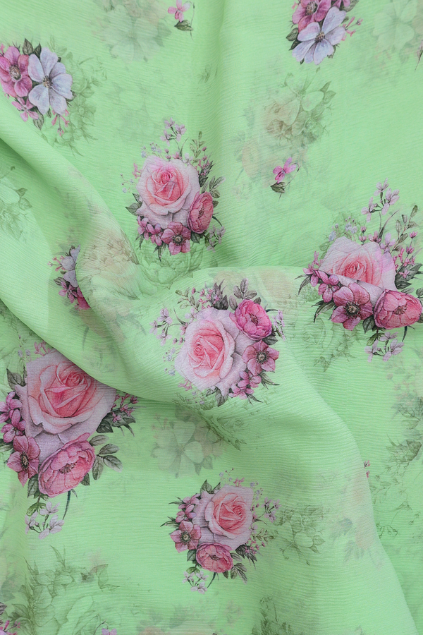 Chiffon Saree In Green With Floral Printed Design