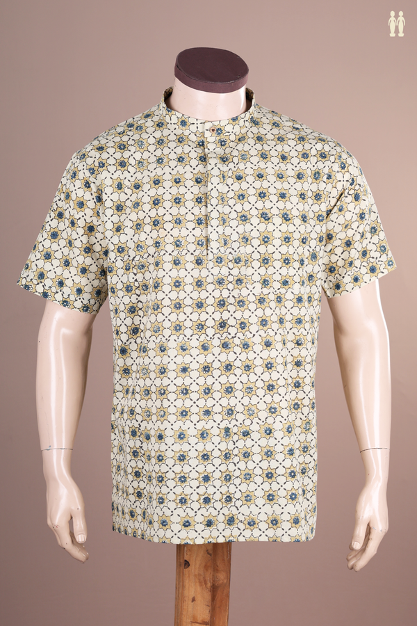 Chinese Collar Ajrakh Design Beige Cotton Short Kurta