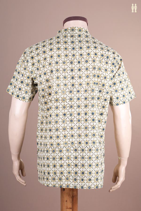 Chinese Collar Ajrakh Design Beige Cotton Short Kurta