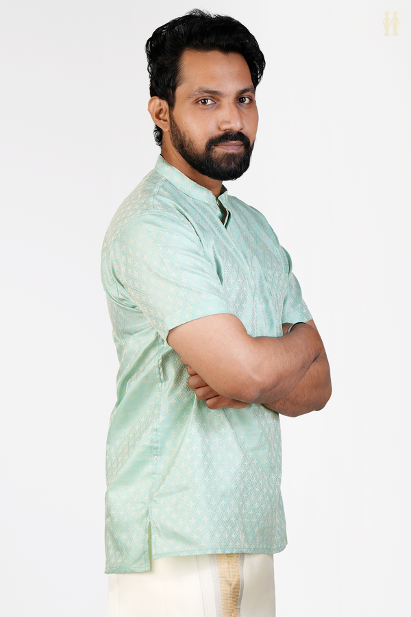 Chinese Collar Diamond Design Green Banarasi Short Kurta