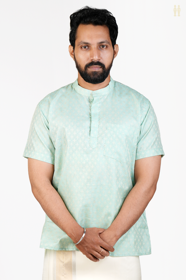Chinese Collar Diamond Design Green Banarasi Short Kurta