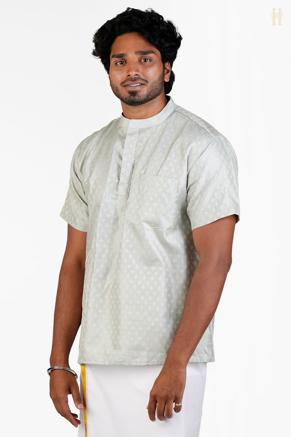 Chinese Collar Diamond Design Grey Banarasi Short Kurta