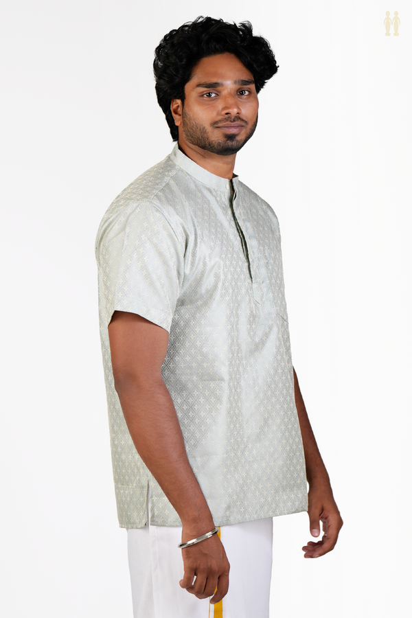 Chinese Collar Diamond Design Grey Banarasi Short Kurta