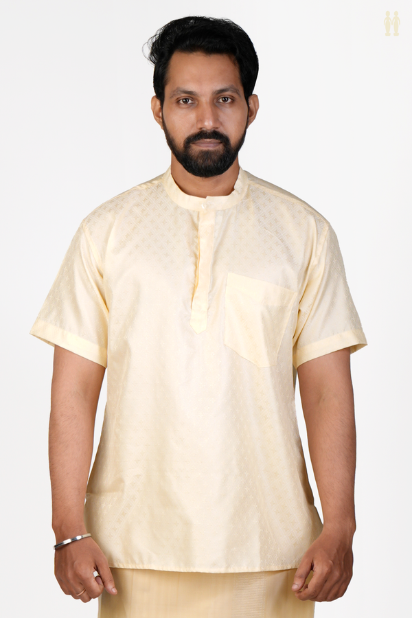 Chinese Collar Diamond Design Pale Yellow Banarasi Short Kurta