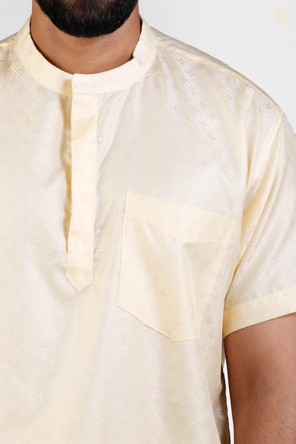 Chinese Collar Diamond Design Pale Yellow Banarasi Short Kurta