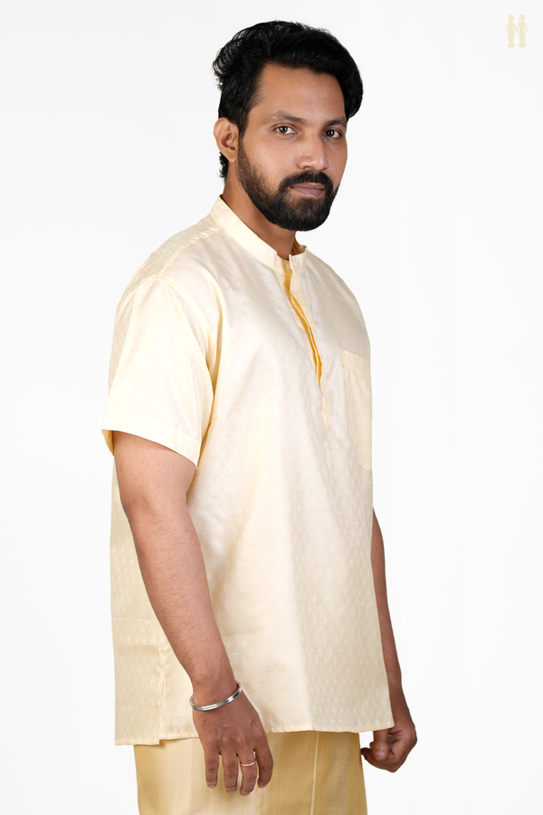 Chinese Collar Diamond Design Pale Yellow Banarasi Short Kurta