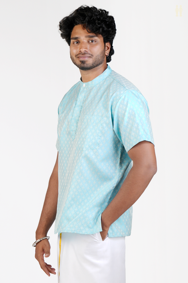 Chinese Collar Diamond Design Sky Blue Banarasi Short Kurta